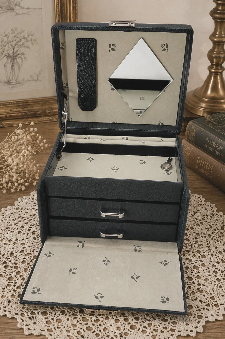 Dark Green Jewelry Box Mirror 2 Drawers Lock Key Carrying Case Organizer